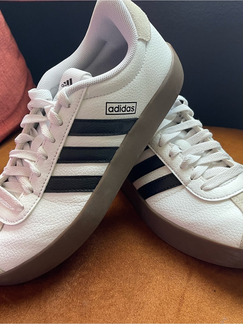 adidas White Black Three-Stripe Low-Top Sneakers with Gum Sole, 6.5